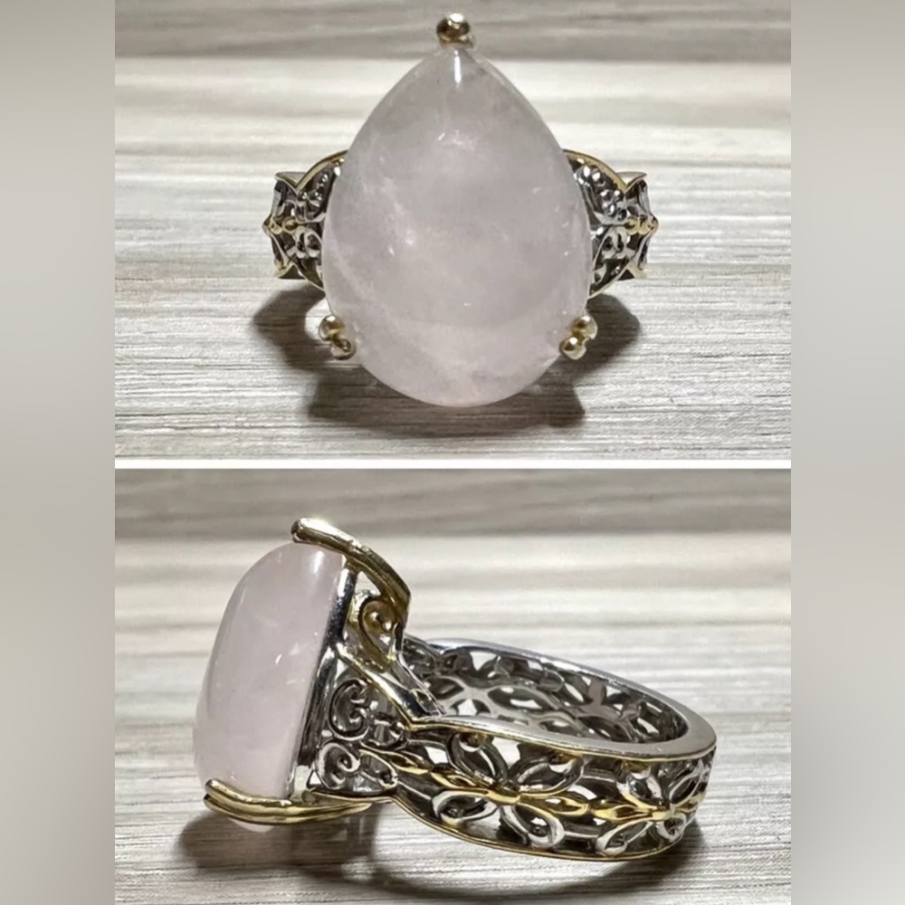 Gems En Vogue Sterling Silver & Gold Pear Cabochon Rose Quartz Ring, Size 5